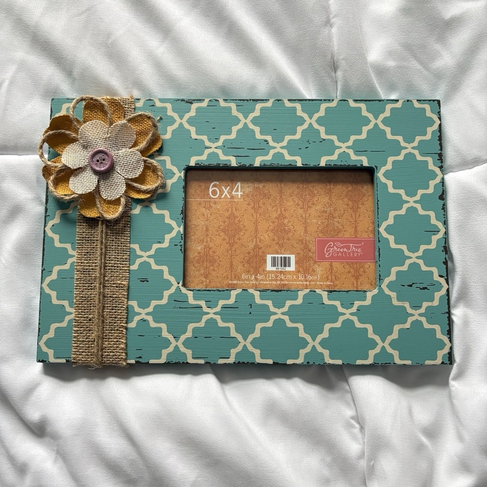 Hobby Lobby Blue Cream Wooden Picture Frame 4x6 Burlap Flowers Country‎ Western